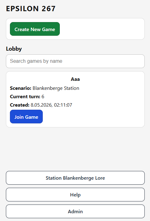 Main screen with Create New Game, Lobby, Help, and Admin
