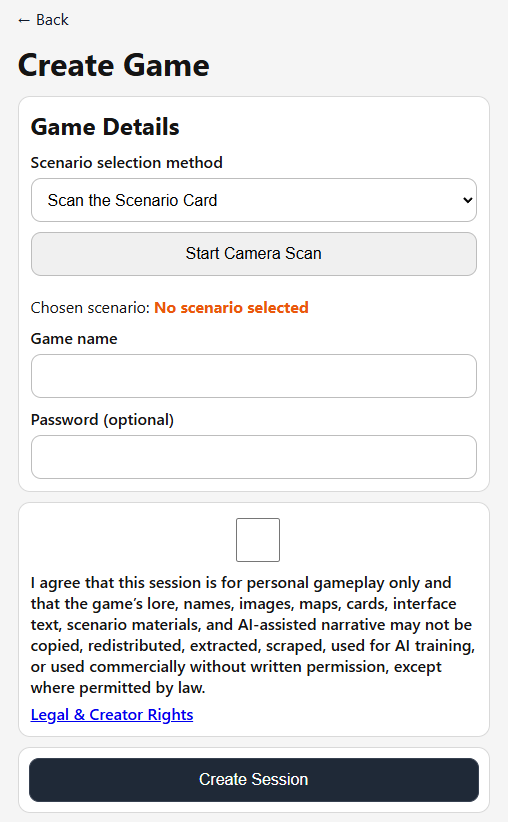 Create Game screen showing scenario and crew selection